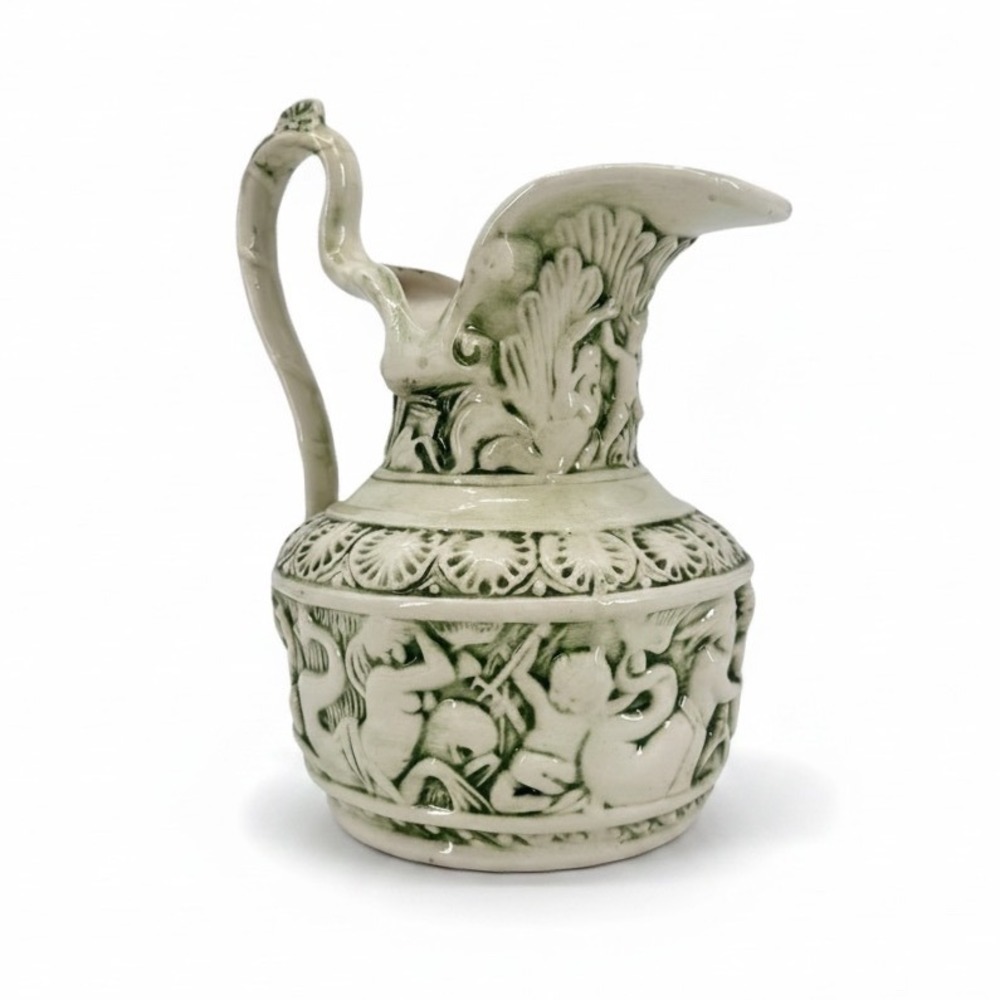 Vintage Ceramic Vase Pitcher Ewer Greek Poseidon Mermaid Cherub Green 3D Relief